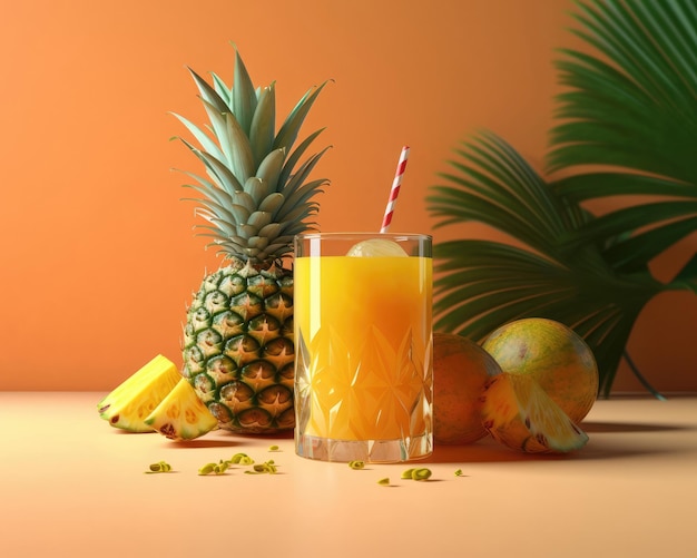 Succo d'ananas con spruzzi di frutta di ananas nel ristorante sullo sfondo dello studio con giardino