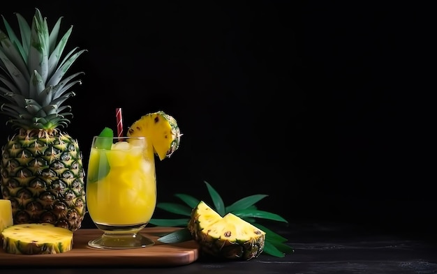 Succo d'ananas in un bicchiere con ananas su sfondo nero