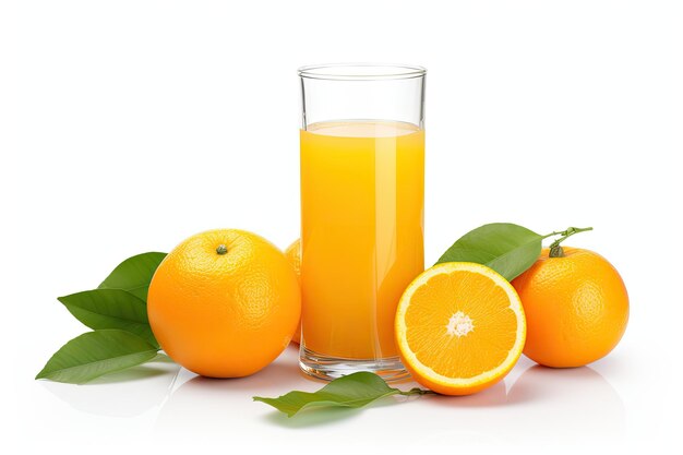 Succo d'arancia appena spremuto con pezzettini d'arancia in un bicchiere e un contenitore Succo d'arancia fresco c