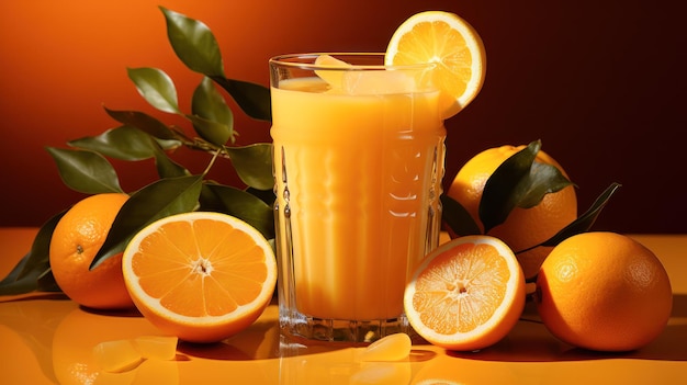 succo d'arancia con arance sullo sfondo