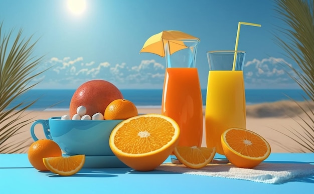 Succo d'arancia con frutta su tavola di legno con spiaggia e sole caldo come sfondo foto estate concetto generativo AI