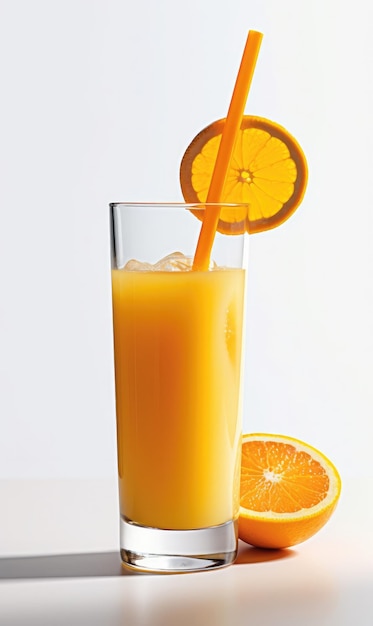 Succo d'arancia con spruzzi di frutta arancione in uno studio di sfondo bianco isolato