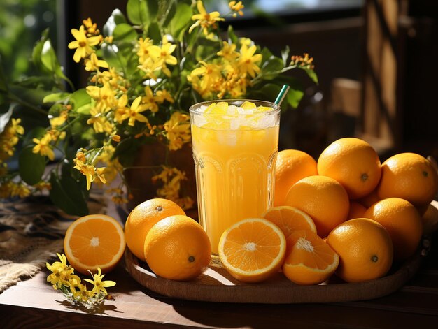 Succo d'arancia della bevanda fresca sulla foto della tavola di legno