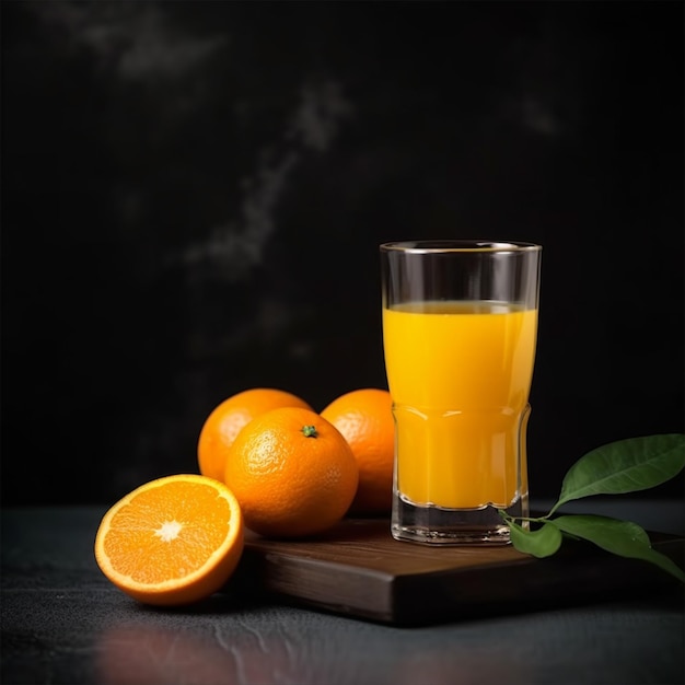 Succo d'arancia fresco in un bicchiere su uno sfondo scuro