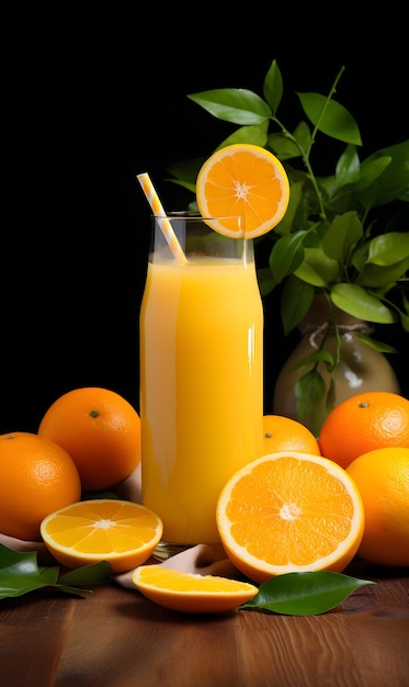 Succo d'arancia fresco in una bottiglia di vetro con frutta fresca