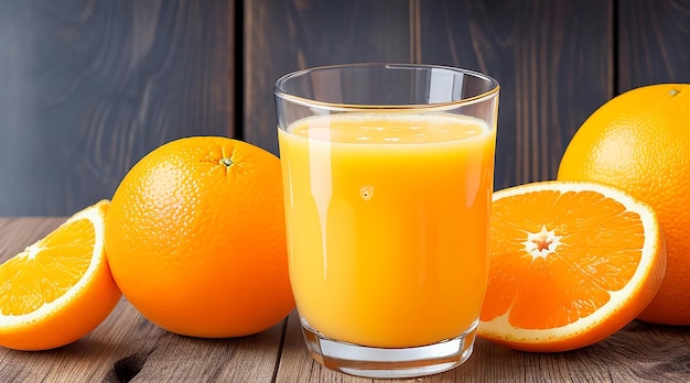 Succo d'arancia fresco nel bicchiere su uno sfondo di legno scuro