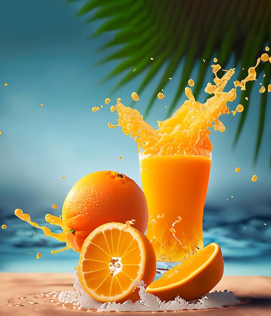 Succo D'arancia Fresco Splash Scena Tropicale In Spiaggia