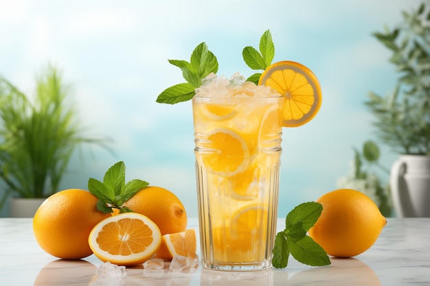 Succo d'arancia in un alto bicchiere trasparente riempito di ghiaccio e decorato con l'arancia tagliata
