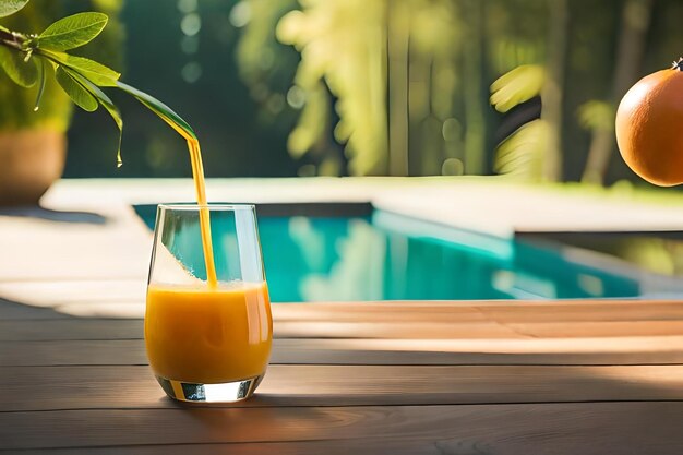 succo d'arancia in un bicchiere accanto a una piscina.