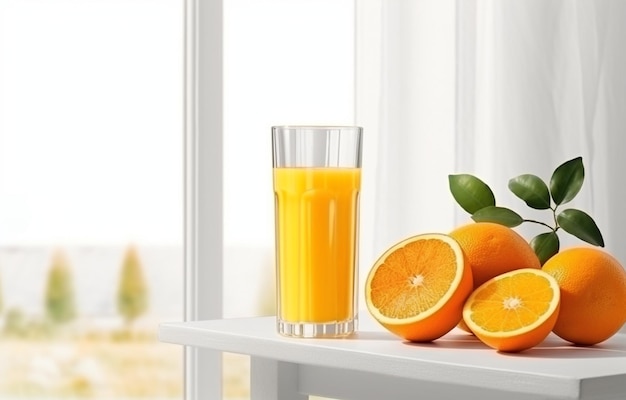 Succo d'arancia in vetro e fette d'arancia per una sana colazione sul tavolo di legno bianco