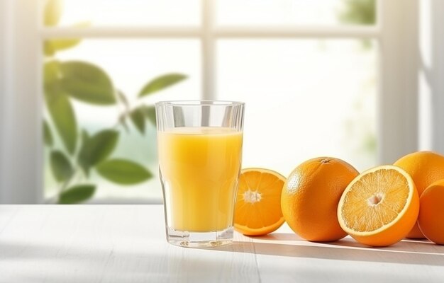 Succo d'arancia in vetro e fette d'arancia per una sana colazione sul tavolo di legno bianco