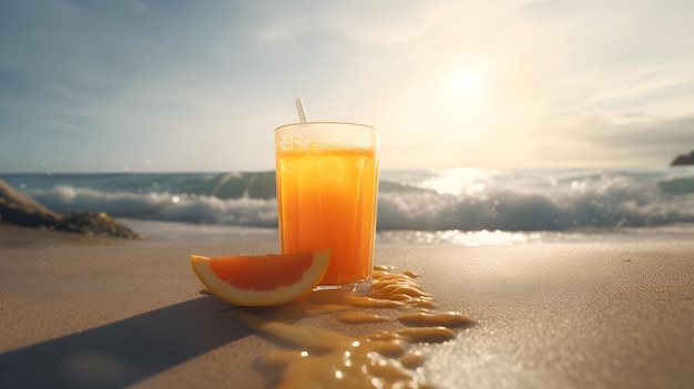 Succo d'arancia sulla sabbia con un rotolo di onde sullo sfondo della spiaggia estiva