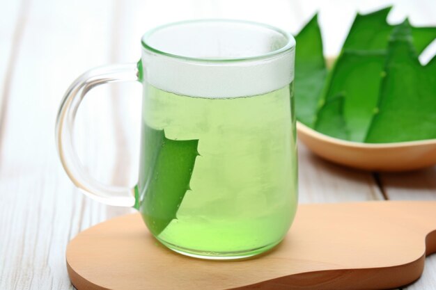 Succo di aloe vera in tazza di vetro su un tavolo di legno chiaro con fogliame