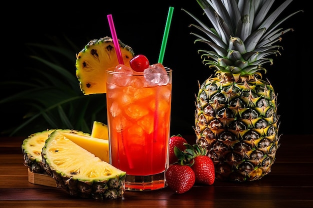 Succo di ananas in un barattolo di vetro con una fetta di ananas sul bordo