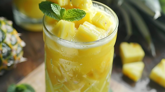 Succo di ananas rinfrescante in un bicchiere con pezzi di ananas e foglie di menta