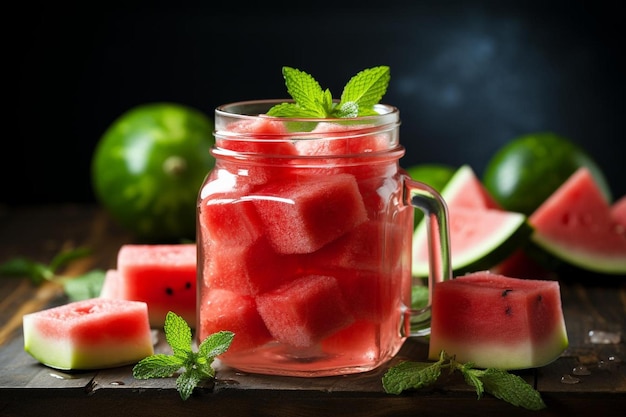 Succo di anguria in barattolo Mason con cubetti di ghiaccio Fotografia di immagini di succo di angura