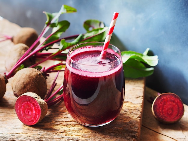 Succo di barbabietola in vetro e barbabietole organiche fresche su tavola in legno rustico per bevande rinfrescanti concetto.