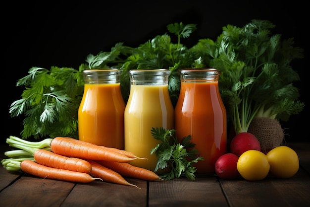 Succo di carota fresco in barattoli di vetro e verdure fresche sulla tavola di legno