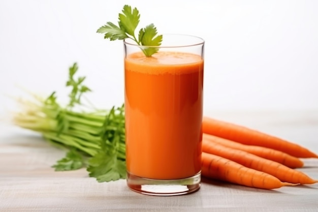 Succo di carota o frullato in un bicchiere con carote su uno sfondo bianco vitamine stile di vita sano