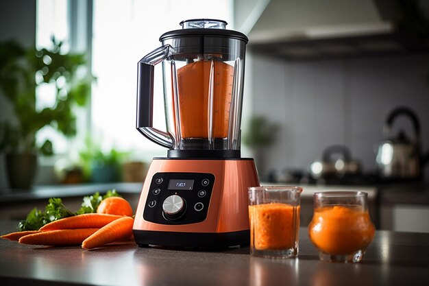 Succo di carota servito in un bicchiere con una fetta di fico