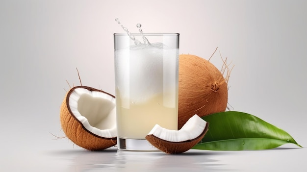 Succo di cocco a metà frutto con gocce d'acqua e foglie isolate su sfondo bianco AI generativa