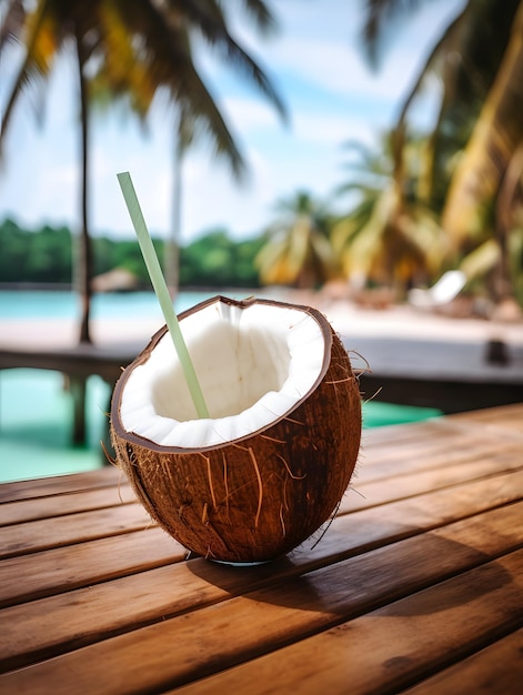 Succo di cocco su un tavolo di legno con una bellissima spiaggia tropicale sullo sfondo IA generativa