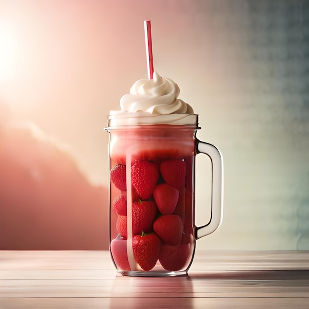 Succo di fragola con latte e tazza sul tavolo