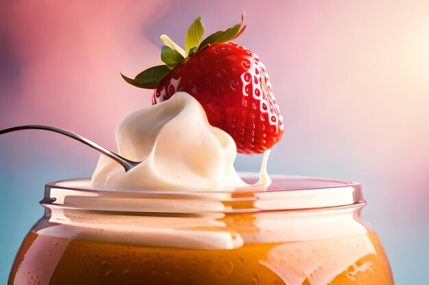 Succo di fragola con latte e tazza sul tavolo