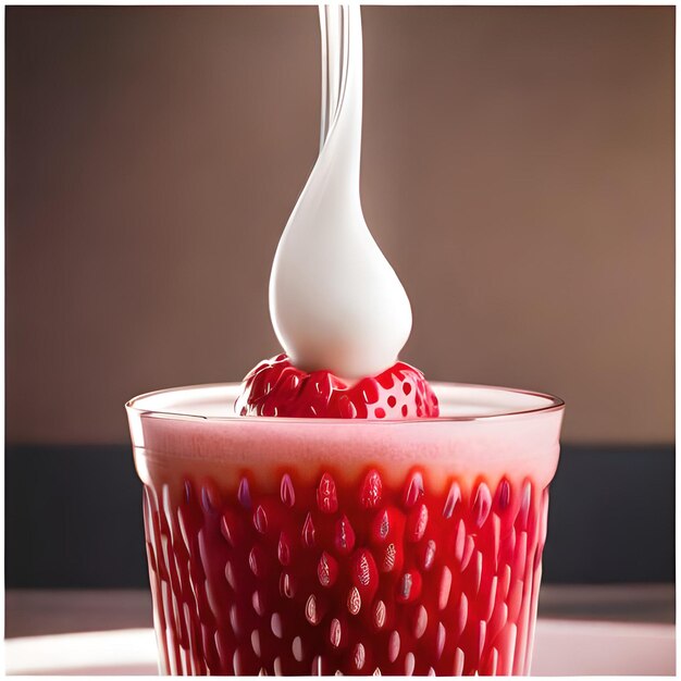 Succo di fragola con latte e tazza sul tavolo