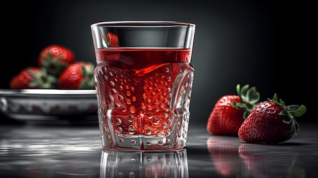 Succo di fragola in un bicchiere con fragole fresche su sfondo nero ai generativo