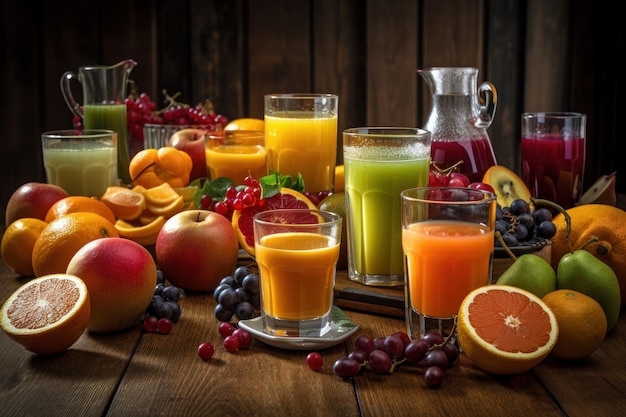 Succo di frutta fresca su sfondo scuro Bevanda sana ricca di vitamine Creato ai generativo