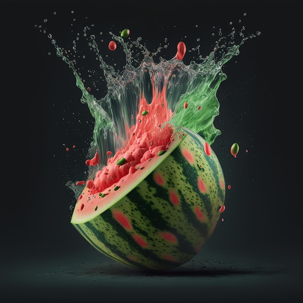 Succo di illustrazione dell'anguria Frutta fresca dell'anguria 3d con la priorità bassa della spruzzata dell'acqua AI generata