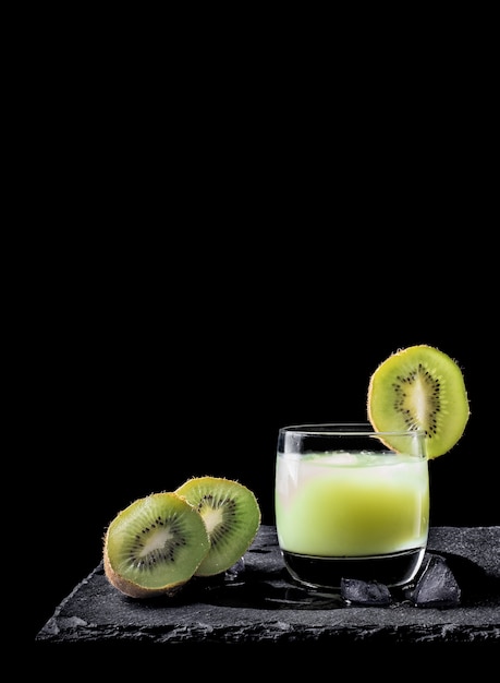 Succo di kiwi con ghiaccio su sfondo nero e due pezzi di kiwi