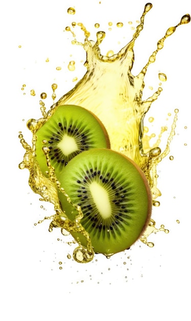 Succo di kiwi con spruzzi di kiwi in uno studio di sfondo bianco isolato