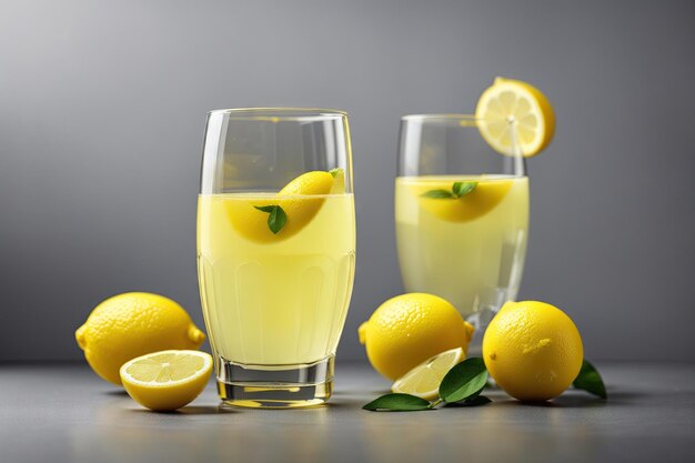 Succo di limone appena spremuto in vetro con limone ai generativo