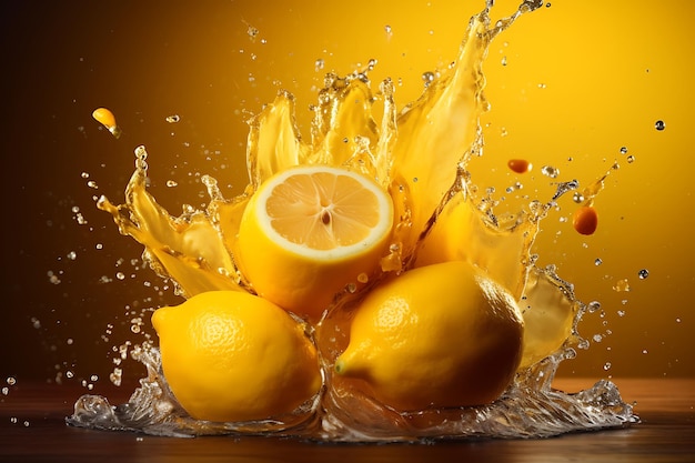 Succo di limone frutta gialla fresca matura spruzzi di succo agrumato sapore e aroma