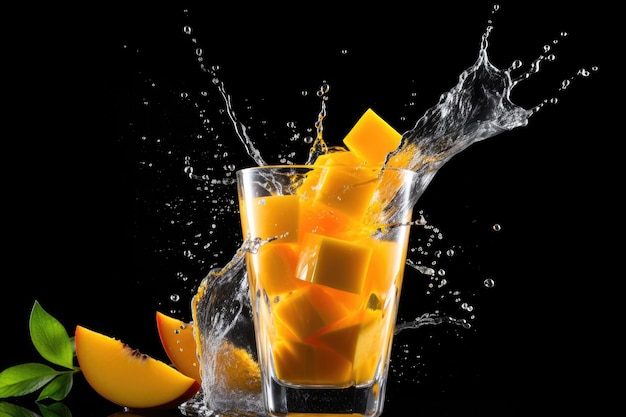 Succo di mango fresco Una spruzzata di cocktail di mango su un fondo nero