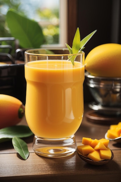 Succo di mango nel bicchiere su superficie scura