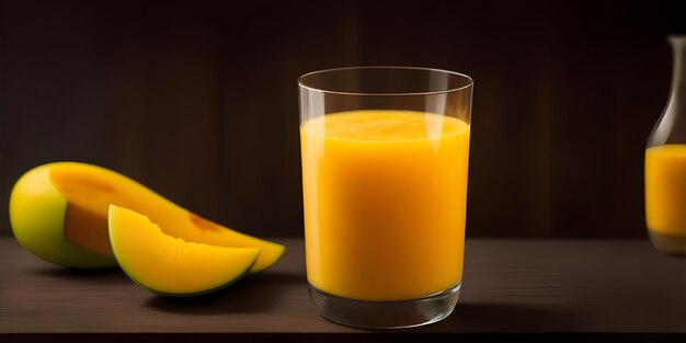 Succo di mango riempito in bicchiere su un tavolo di legno luci bokeh sullo sfondo nero