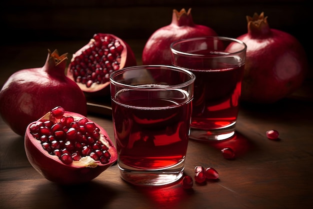 Succo di melograno in un bicchiere e due bicchieri di succo di melograno