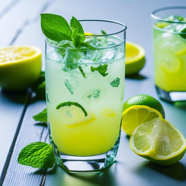 Succo di menta e limone fresco in bicchieri cristallini con cubetti di ghiaccio