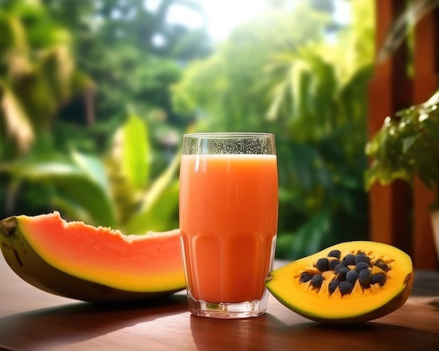 Succo di papaia con sfondo giardino