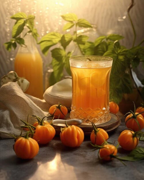 Succo di physalis con spruzzi di frutta di ciliegia macinata nel ristorante con giardino sullo sfondo dello studio