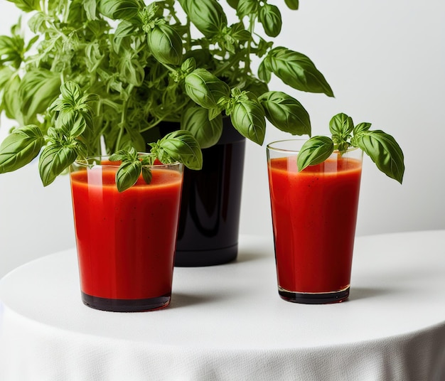 succo di pomodoro con basilico fresco e menta su sfondo nero