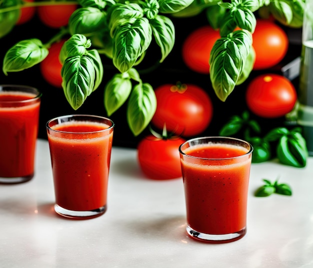 succo di pomodoro con basilico fresco e menta su sfondo nero