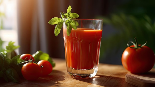 Succo di pomodoro Succo disintossicante di pomodoro rosso fresco in vetro Generative Ai