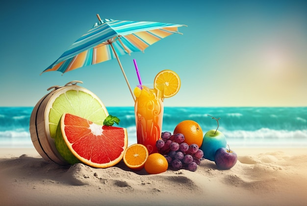 Succo fresco con frutta e ombrellone sullo sfondo della spiaggiaSummer vacanza sfondo generativo ai