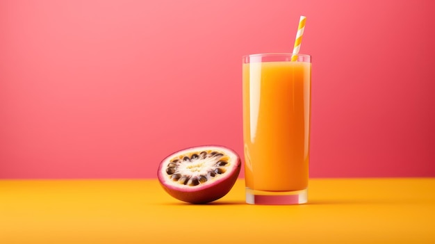 Succo fresco di frutto della passione con passione su sfondo di colore brillante con spazio per la copia