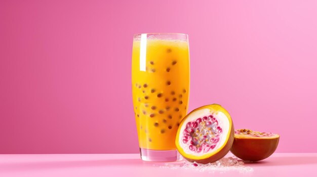 Succo fresco di frutto della passione con passione su sfondo di colore brillante con spazio per la copia