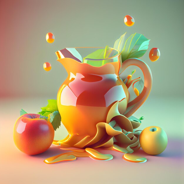 Succo in una caraffa di vetro con frutti illustrazione 3d